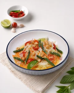 Salad pepaya muda segar dan renyah khas Thailand atau Som Tum di The Green Room Resto Godongijo Depok, kuliner Thai food autentik.